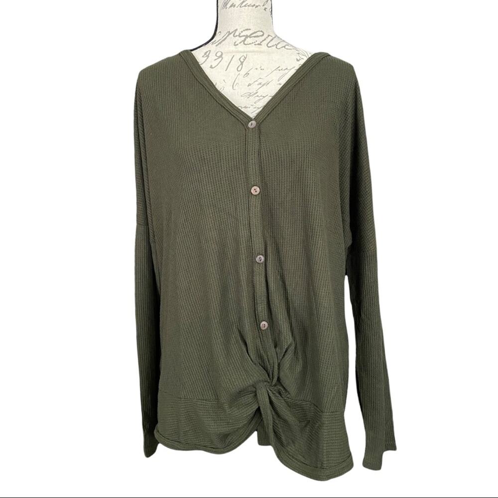Green Tie Front Waffle Knit Tunic Top Size 2X NEW